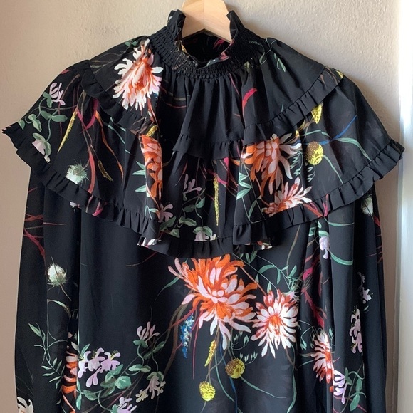 Floral Long Sleeve Dramatic Mock Turtleneck Peasant Blouse - Picture 1 of 11